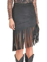 Rock & Roll Denim BW69B07793-BK Womens Asymmetrical Fringe Skirt Black front view. If you need any assistance with this item or the purchase of this item please call us at five six one seven four eight eight eight zero one Monday through Saturday 10:00a.m EST to 8:00 p.m EST
