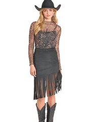 Rock & Roll Denim BW69B07793-BK Womens Asymmetrical Fringe Skirt Black full model view. If you need any assistance with this item or the purchase of this item please call us at five six one seven four eight eight eight zero one Monday through Saturday 10:00a.m EST to 8:00 p.m EST