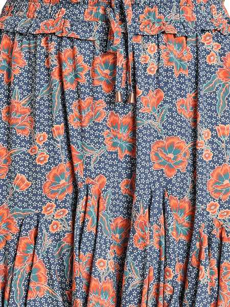 Rock & Roll Denim BW69B08086 Womens Floral Print Godet Skirt Navy fabric close up.If you need any assistance with this item or the purchase of this item please call us at five six one seven four eight eight eight zero one Monday through Saturday 10:00a.m EST to 8:00 p.m EST