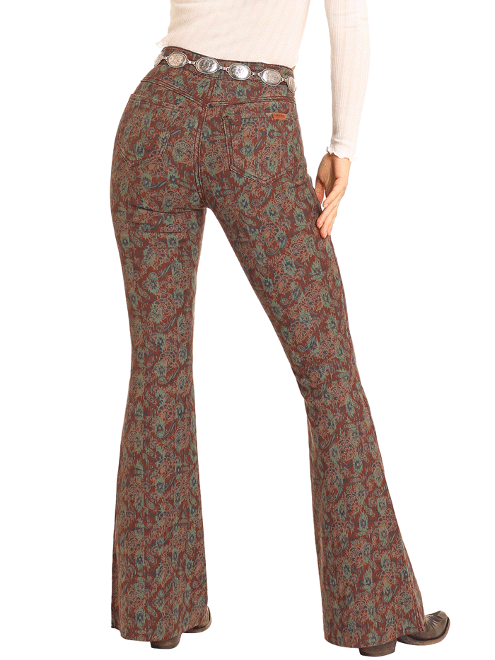 Rock & Roll Denim BW6PD04745 Womens Reversible Aztec Button Flare Pant Brown front view of both sides. If you need any assistance with this item or the purchase of this item please call us at five six one seven four eight eight eight zero one Monday through Saturday 10:00a.m EST to 8:00 p.m EST