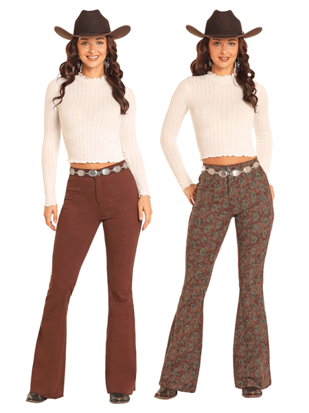 Rock & Roll Denim BW6PD04745 Womens Reversible Aztec Button Flare Pant Brown front view of both sides. If you need any assistance with this item or the purchase of this item please call us at five six one seven four eight eight eight zero one Monday through Saturday 10:00a.m EST to 8:00 p.m EST