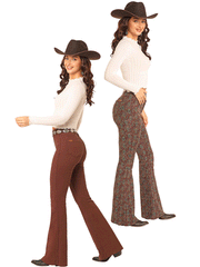 Rock & Roll Denim BW6PD04745 Womens Reversible Aztec Button Flare Pant Brown side view of both colors. If you need any assistance with this item or the purchase of this item please call us at five six one seven four eight eight eight zero one Monday through Saturday 10:00a.m EST to 8:00 p.m EST