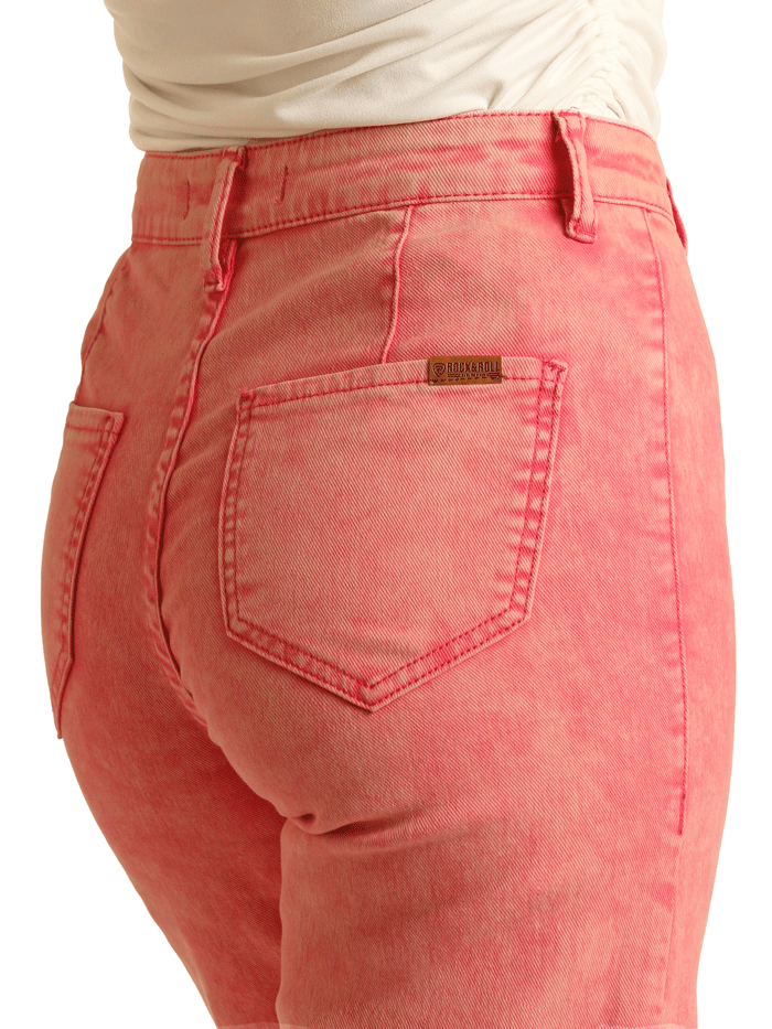 Rock & Roll Denim BW8PD03586 Womens High Rise Distressed Denim Flare Jeans Pink front view. If you need any assistance with this item or the purchase of this item please call us at five six one seven four eight eight eight zero one Monday through Saturday 10:00a.m EST to 8:00 p.m EST