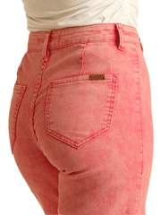 Rock & Roll Denim BW8PD03586 Womens High Rise Distressed Denim Flare Jeans Pink back close up view. If you need any assistance with this item or the purchase of this item please call us at five six one seven four eight eight eight zero one Monday through Saturday 10:00a.m EST to 8:00 p.m EST