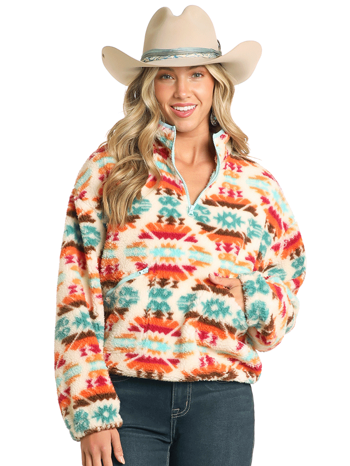 Rock Roll Denim BW91C04476 Womens Aztec Print Sherpa Pullover