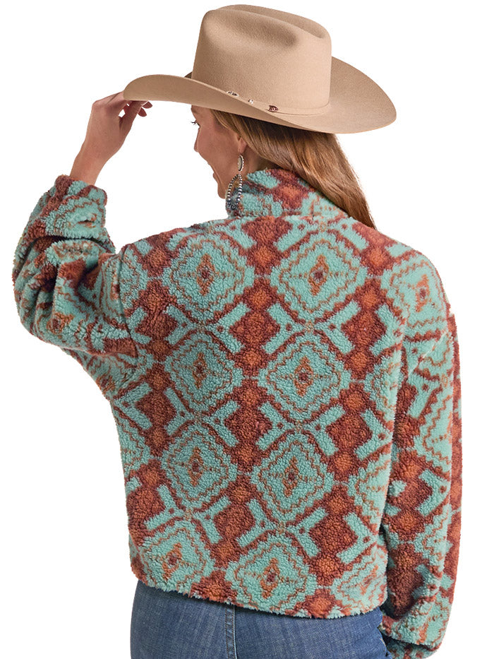 Rock & Roll Denim BW91C09410 Womens Aztec Pullover Sherpa Light Turquoise front view. If you need any assistance with this item or the purchase of this item please call us at five six one seven four eight eight eight zero one Monday through Saturday 10:00a.m EST to 8:00 p.m EST
