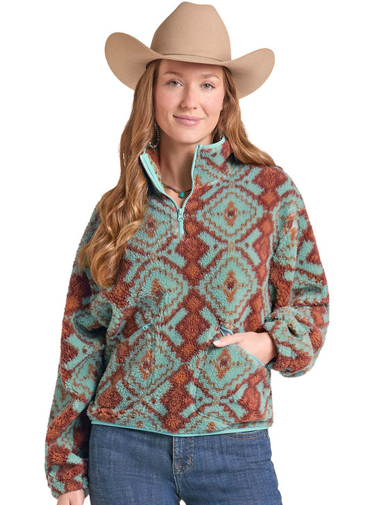 Rock & Roll Denim BW91C09410 Womens Aztec Pullover Sherpa Light Turquoise front view. If you need any assistance with this item or the purchase of this item please call us at five six one seven four eight eight eight zero one Monday through Saturday 10:00a.m EST to 8:00 p.m EST
