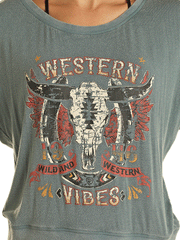 Rock & Roll Denim BW91T02063 Womens Western Graphic Pullover Teal front graphic close up view. If you need any assistance with this item or the purchase of this item please call us at five six one seven four eight eight eight zero one Monday through Saturday 10:00a.m EST to 8:00 p.m EST