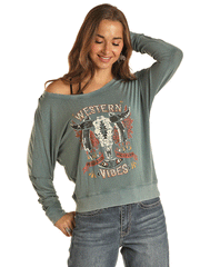 Rock & Roll Denim BW91T02063 Womens Western Graphic Pullover Teal front view.If you need any assistance with this item or the purchase of this item please call us at five six one seven four eight eight eight zero one Monday through Saturday 10:00a.m EST to 8:00 p.m EST