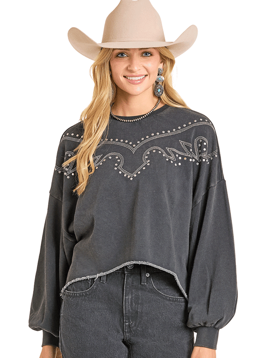 Rock & Roll Denim BW91T06995 Womens Embroidered Sweatshirt Black front view. If you need any assistance with this item or the purchase of this item please call us at five six one seven four eight eight eight zero one Monday through Saturday 10:00a.m EST to 8:00 p.m EST