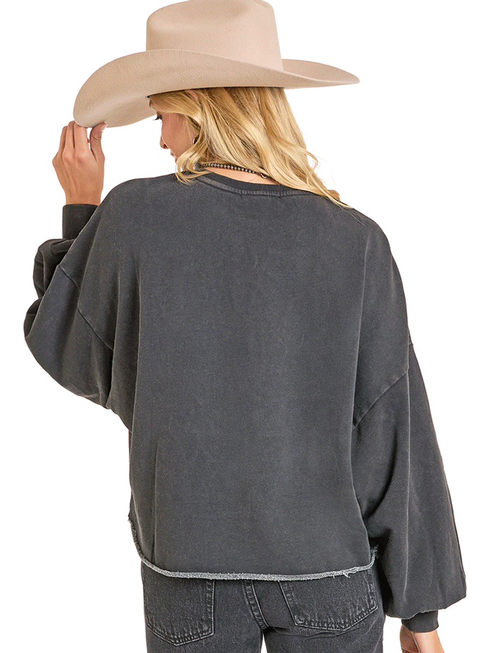 Rock & Roll Denim BW91T06995 Womens Embroidered Sweatshirt Black front view. If you need any assistance with this item or the purchase of this item please call us at five six one seven four eight eight eight zero one Monday through Saturday 10:00a.m EST to 8:00 p.m EST