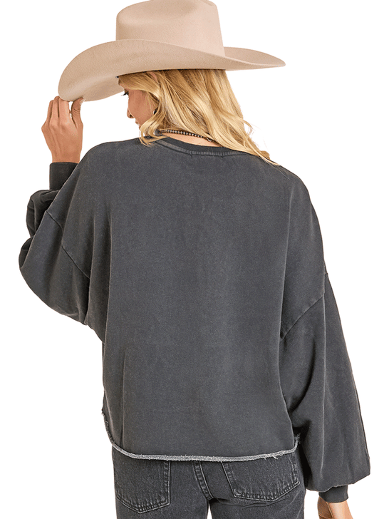 Rock & Roll Denim BW91T06995 Womens Embroidered Sweatshirt Black back view. If you need any assistance with this item or the purchase of this item please call us at five six one seven four eight eight eight zero one Monday through Saturday 10:00a.m EST to 8:00 p.m EST