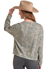 Rock & Roll Denim BW91T09712 Womens Graphic Pullover With Vents Olive back view. If you need any assistance with this item or the purchase of this item please call us at five six one seven four eight eight eight zero one Monday through Saturday 10:00a.m EST to 8:00 p.m EST