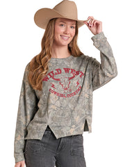 Rock & Roll Denim BW91T09712 Womens Graphic Pullover With Vents Olive front view. If you need any assistance with this item or the purchase of this item please call us at five six one seven four eight eight eight zero one Monday through Saturday 10:00a.m EST to 8:00 p.m EST