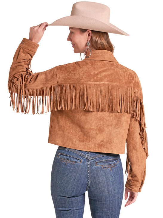 Rock & Roll Denim BW92C09352 Womens Microsuede Fringed Jacket Copper back view. If you need any assistance with this item or the purchase of this item please call us at five six one seven four eight eight eight zero one Monday through Saturday 10:00a.m EST to 8:00 p.m EST