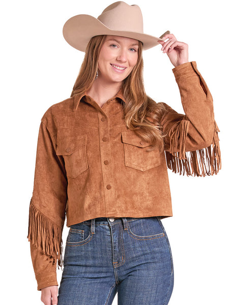 Rock & Roll Denim BW92C09352 Womens Microsuede Fringed Jacket Copper front view. If you need any assistance with this item or the purchase of this item please call us at five six one seven four eight eight eight zero one Monday through Saturday 10:00a.m EST to 8:00 p.m EST
