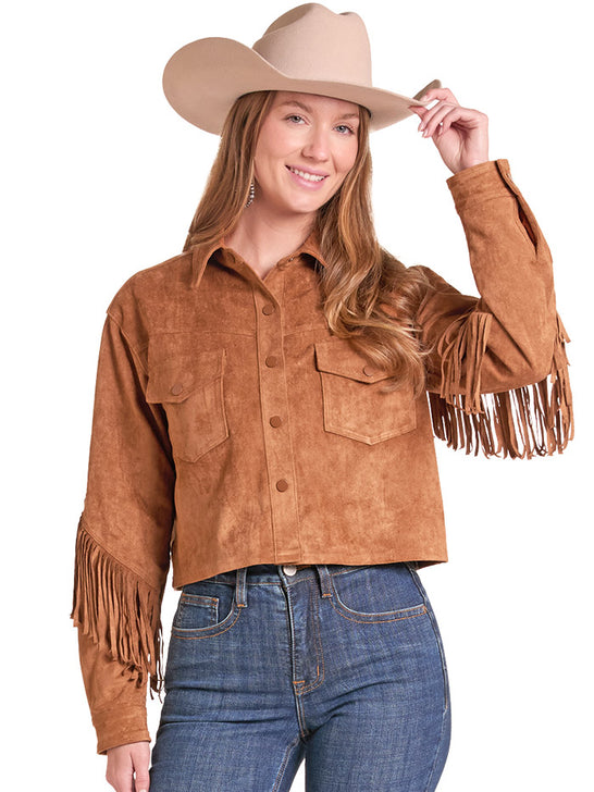 Rock & Roll Denim BW92C09352 Womens Microsuede Fringed Jacket Copper front view. If you need any assistance with this item or the purchase of this item please call us at five six one seven four eight eight eight zero one Monday through Saturday 10:00a.m EST to 8:00 p.m EST

