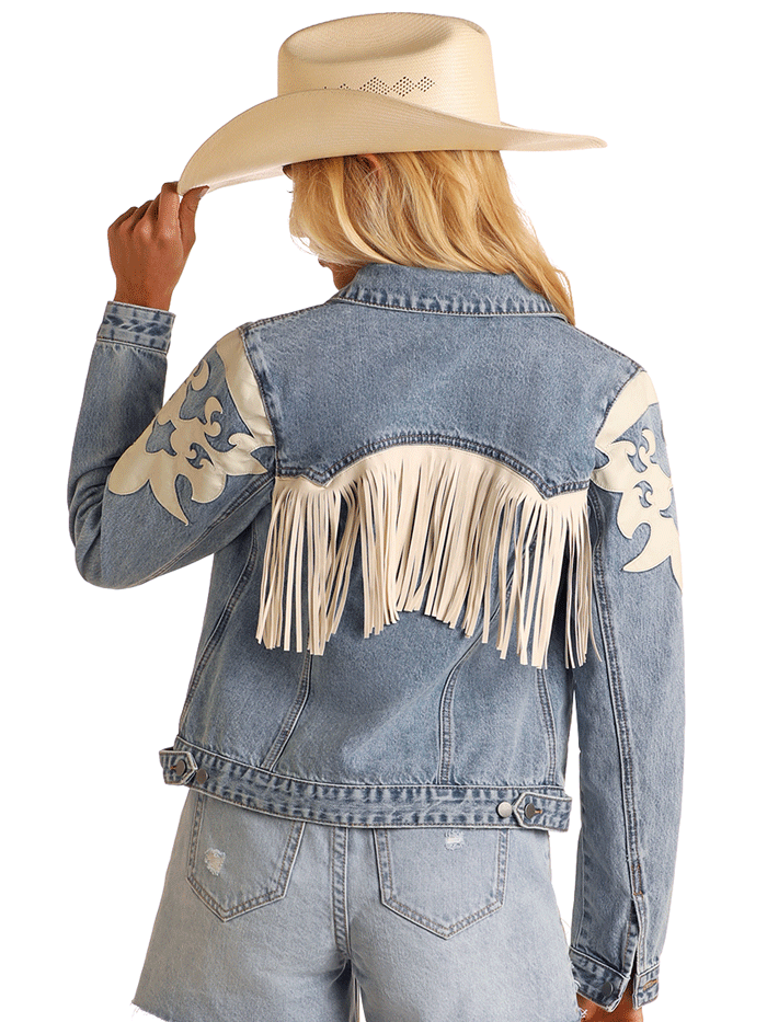 Rock & Roll Denim BW92D06098 Womens Ivory Pleather Fringe Jacket Light Wash Denim front view. If you need any assistance with this item or the purchase of this item please call us at five six one seven four eight eight eight zero one Monday through Saturday 10:00a.m EST to 8:00 p.m EST

