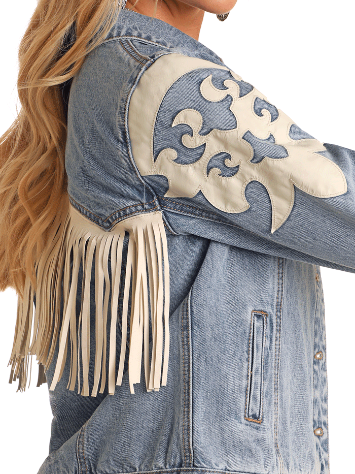 Rock & Roll Denim BW92D06098 Womens Ivory Pleather Fringe Jacket Light Wash Denim front view. If you need any assistance with this item or the purchase of this item please call us at five six one seven four eight eight eight zero one Monday through Saturday 10:00a.m EST to 8:00 p.m EST

