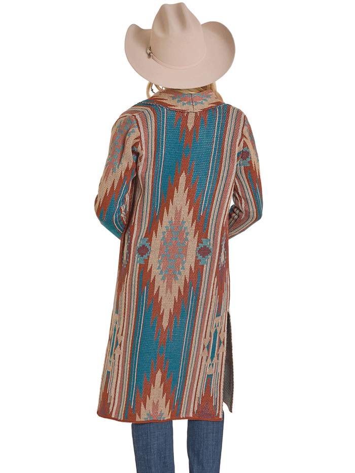 Rock & Roll Denim BW95T07789 Womens Aztec Duster Teal front view. If you need any assistance with this item or the purchase of this item please call us at five six one seven four eight eight eight zero one Monday through Saturday 10:00a.m EST to 8:00 p.m EST