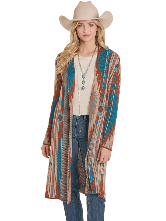 Rock & Roll Denim BW95T07789 Womens Aztec Duster Teal front view. If you need any assistance with this item or the purchase of this item please call us at five six one seven four eight eight eight zero one Monday through Saturday 10:00a.m EST to 8:00 p.m EST