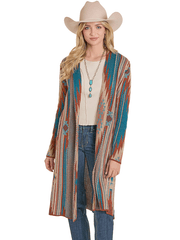 Rock & Roll Denim BW95T07789 Womens Aztec Duster Teal front view. If you need any assistance with this item or the purchase of this item please call us at five six one seven four eight eight eight zero one Monday through Saturday 10:00a.m EST to 8:00 p.m EST