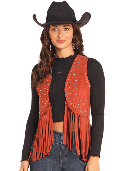 Rock & Roll Denim BW98C04549-RST Womens Studded Fringe Vest Rust front. If you need any assistance with this item or the purchase of this item please call us at five six one seven four eight eight eight zero one Monday through Saturday 10:00a.m EST to 8:00 p.m EST

