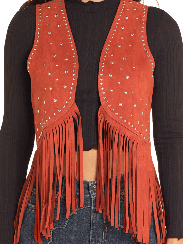 Rock & Roll Denim BW98C04549-RST Womens Studded Fringe Vest Rust front. If you need any assistance with this item or the purchase of this item please call us at five six one seven four eight eight eight zero one Monday through Saturday 10:00a.m EST to 8:00 p.m EST

