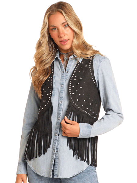 Rock & Roll Denim BW98C04549 Womens Studded Fringe Vest Black front view. If you need any assistance with this item or the purchase of this item please call us at five six one seven four eight eight eight zero one Monday through Saturday 10:00a.m EST to 8:00 p.m EST

