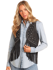 Rock & Roll Denim BW98C04549 Womens Studded Fringe Vest Black front view. If you need any assistance with this item or the purchase of this item please call us at five six one seven four eight eight eight zero one Monday through Saturday 10:00a.m EST to 8:00 p.m EST

