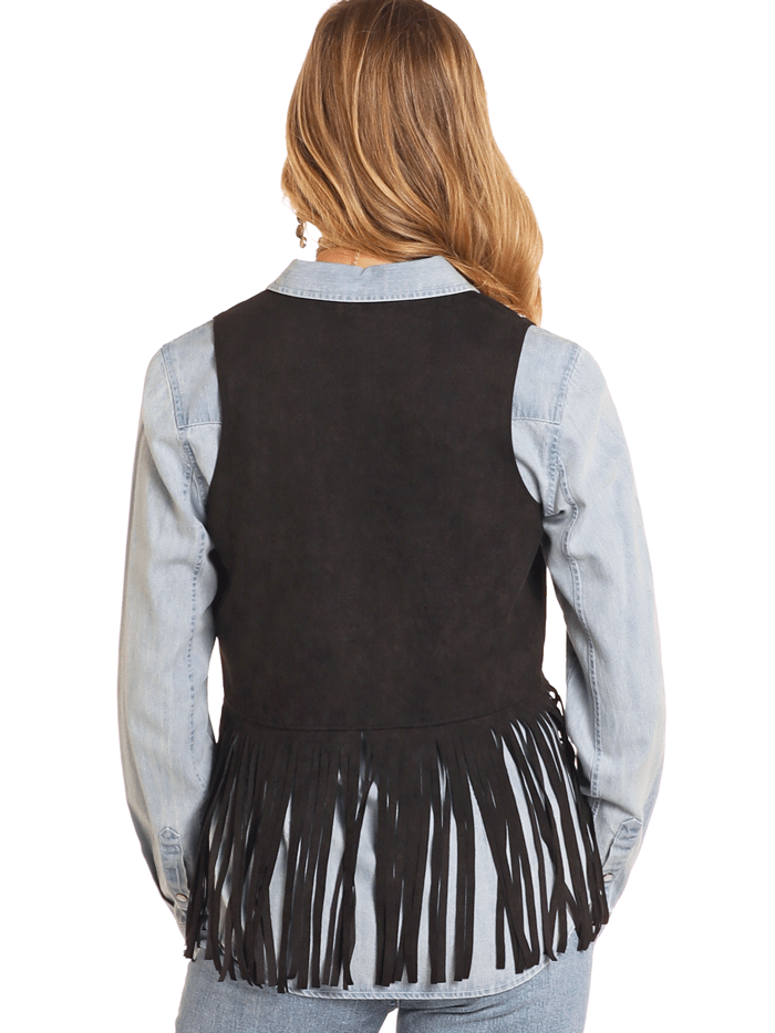 Rock & Roll Denim BW98C04549 Womens Studded Fringe Vest Black front view. If you need any assistance with this item or the purchase of this item please call us at five six one seven four eight eight eight zero one Monday through Saturday 10:00a.m EST to 8:00 p.m EST

