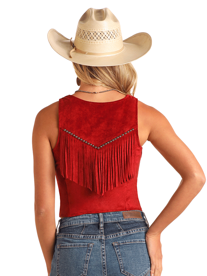 Rock & Roll Denim BW98C05918 Womens Studded Microsuede Fringe Vest Red front view. If you need any assistance with this item or the purchase of this item please call us at five six one seven four eight eight eight zero one Monday through Saturday 10:00a.m EST to 8:00 p.m EST

