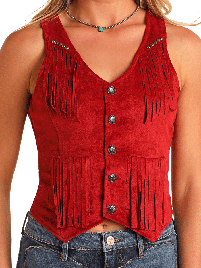 Rock & Roll Denim BW98C05918 Womens Studded Microsuede Fringe Vest Red front view. If you need any assistance with this item or the purchase of this item please call us at five six one seven four eight eight eight zero one Monday through Saturday 10:00a.m EST to 8:00 p.m EST

