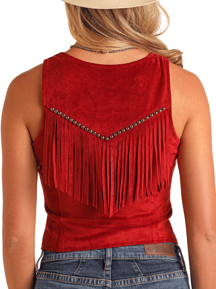 Rock & Roll Denim BW98C05918 Womens Studded Microsuede Fringe Vest Red front view. If you need any assistance with this item or the purchase of this item please call us at five six one seven four eight eight eight zero one Monday through Saturday 10:00a.m EST to 8:00 p.m EST

