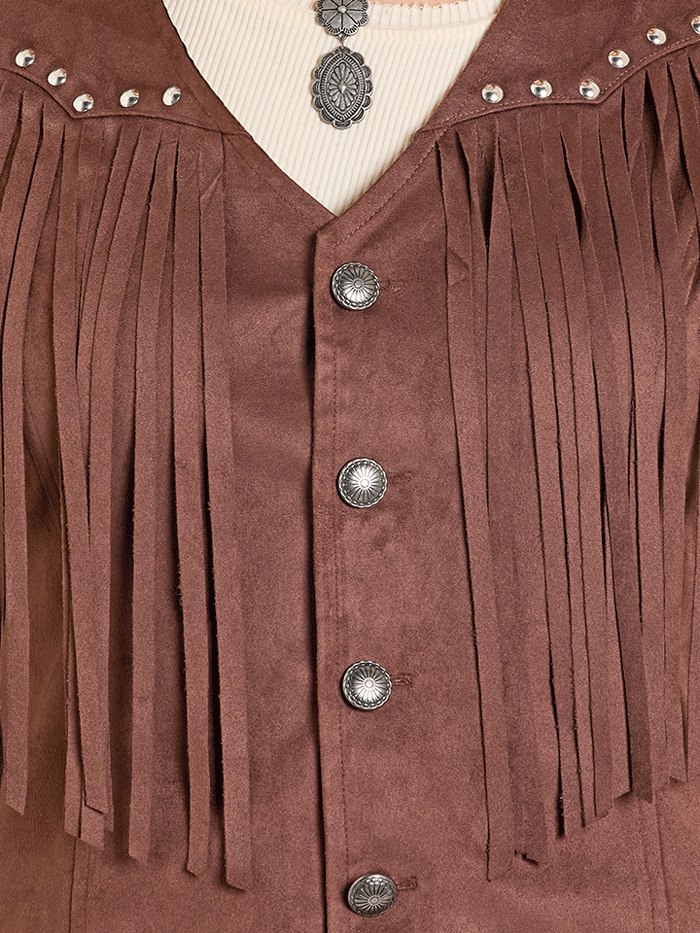 Rock & Roll Denim BW98C07788 Womens Embroidered Yoke Fringe Vest Dark Brown front view. If you need any assistance with this item or the purchase of this item please call us at five six one seven four eight eight eight zero one Monday through Saturday 10:00a.m EST to 8:00 p.m EST