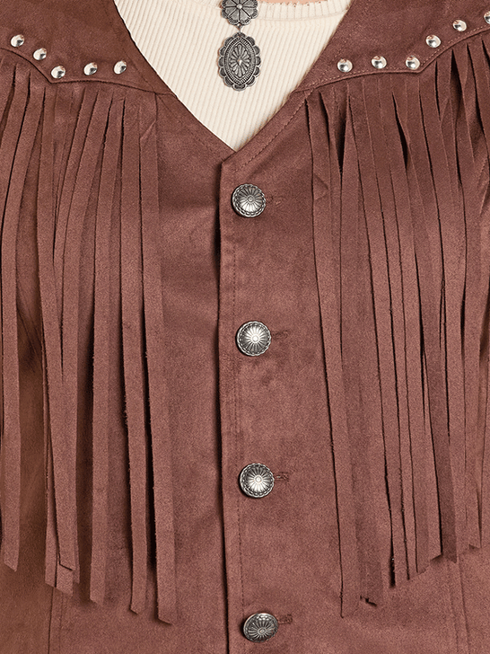 Rock & Roll Denim BW98C07788 Womens Embroidered Yoke Fringe Vest Dark Brown front close up. If you need any assistance with this item or the purchase of this item please call us at five six one seven four eight eight eight zero one Monday through Saturday 10:00a.m EST to 8:00 p.m EST