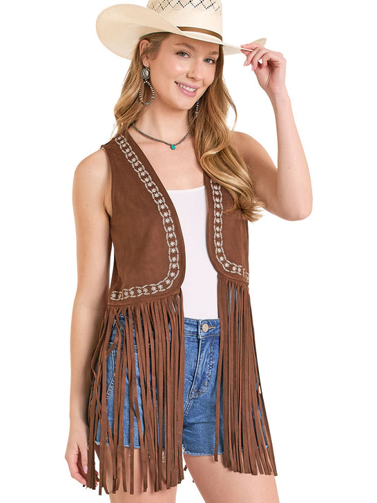 Rock & Roll Denim BW98C08110 Womens Embroidered Microsuede Fringe Vest Brown front view. If you need any assistance with this item or the purchase of this item please call us at five six one seven four eight eight eight zero one Monday through Saturday 10:00a.m EST to 8:00 p.m EST
