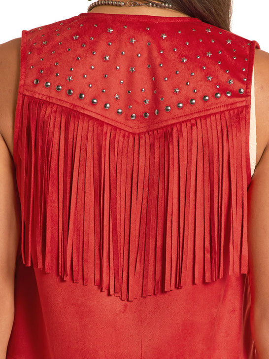 Rock & Roll Denim BW98C08787 Womens Studs And Strars Microsuede Fringe Vest Red back view. If you need any assistance with this item or the purchase of this item please call us at five six one seven four eight eight eight zero one Monday through Saturday 10:00a.m EST to 8:00 p.m EST