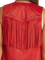 Rock & Roll Denim BW98C08787 Womens Studs And Strars Microsuede Fringe Vest Red back view. If you need any assistance with this item or the purchase of this item please call us at five six one seven four eight eight eight zero one Monday through Saturday 10:00a.m EST to 8:00 p.m EST