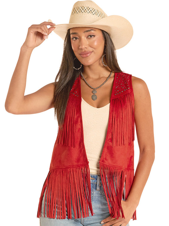 Rock & Roll Denim BW98C08787 Womens Studs And Strars Microsuede Fringe Vest Red front view. If you need any assistance with this item or the purchase of this item please call us at five six one seven four eight eight eight zero one Monday through Saturday 10:00a.m EST to 8:00 p.m EST