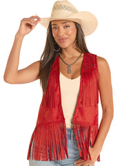 Rock & Roll Denim BW98C08787 Womens Studs And Strars Microsuede Fringe Vest Red front view. If you need any assistance with this item or the purchase of this item please call us at five six one seven four eight eight eight zero one Monday through Saturday 10:00a.m EST to 8:00 p.m EST