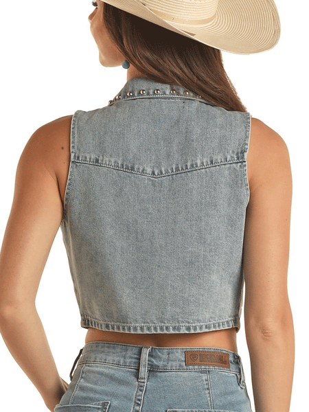 Rock & Roll Denim BW98D03548 Womens Chain Fringed Vest Light Wash Denim back view. If you need any assistance with this item or the purchase of this item please call us at five six one seven four eight eight eight zero one Monday through Saturday 10:00a.m EST to 8:00 p.m EST