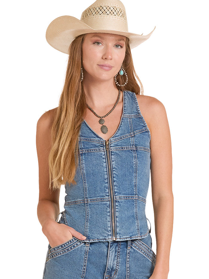 Rock & Roll Denim BW98D09107 Womens Seamed Zip Up Vest Denim front view. If you need any assistance with this item or the purchase of this item please call us at five six one seven four eight eight eight zero one Monday through Saturday 10:00a.m EST to 8:00 p.m EST
