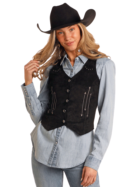 Rock & Roll Denim BW98T05219 Womens Studded Microsuede Vest Black front view. If you need any assistance with this item or the purchase of this item please call us at five six one seven four eight eight eight zero one Monday through Saturday 10:00a.m EST to 8:00 p.m EST