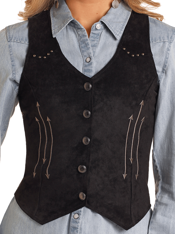 Rock & Roll Denim BW98T05219 Womens Studded Microsuede Vest Black front view. If you need any assistance with this item or the purchase of this item please call us at five six one seven four eight eight eight zero one Monday through Saturday 10:00a.m EST to 8:00 p.m EST