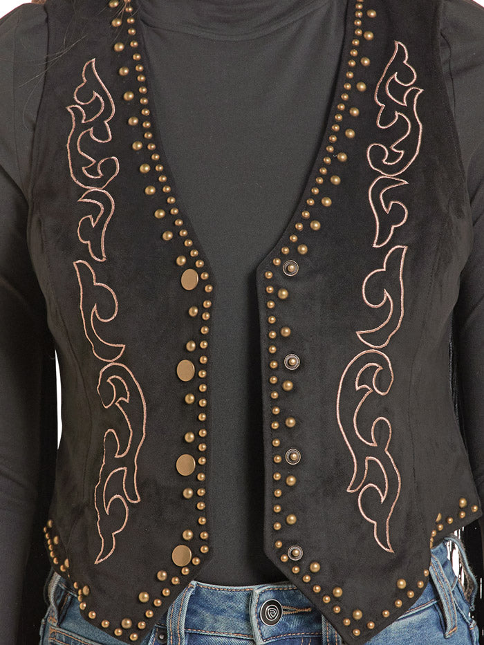 Rock & Roll Denim BW98T09983 Womens Microsuede Embroidered Vest Black front view. If you need any assistance with this item or the purchase of this item please call us at five six one seven four eight eight eight zero one Monday through Saturday 10:00a.m EST to 8:00 p.m EST
