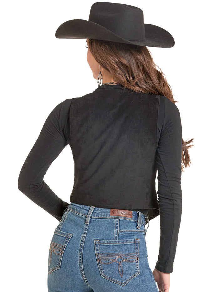 Rock & Roll Denim BW98T09983 Womens Microsuede Embroidered Vest Black front view. If you need any assistance with this item or the purchase of this item please call us at five six one seven four eight eight eight zero one Monday through Saturday 10:00a.m EST to 8:00 p.m EST
