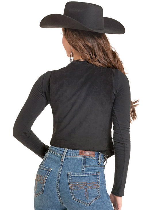 Rock & Roll Denim BW98T09983 Womens Microsuede Embroidered Vest Black back view. If you need any assistance with this item or the purchase of this item please call us at five six one seven four eight eight eight zero one Monday through Saturday 10:00a.m EST to 8:00 p.m EST
