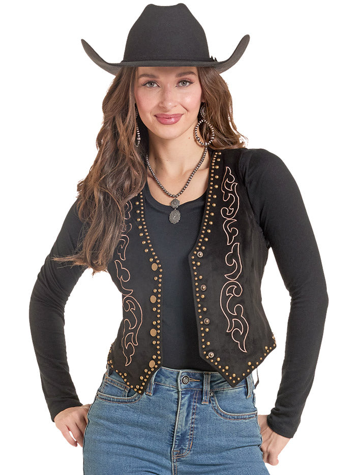 Rock & Roll Denim BW98T09983 Womens Microsuede Embroidered Vest Black front view. If you need any assistance with this item or the purchase of this item please call us at five six one seven four eight eight eight zero one Monday through Saturday 10:00a.m EST to 8:00 p.m EST
