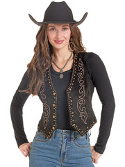 Rock & Roll Denim BW98T09983 Womens Microsuede Embroidered Vest Black front view. If you need any assistance with this item or the purchase of this item please call us at five six one seven four eight eight eight zero one Monday through Saturday 10:00a.m EST to 8:00 p.m EST
